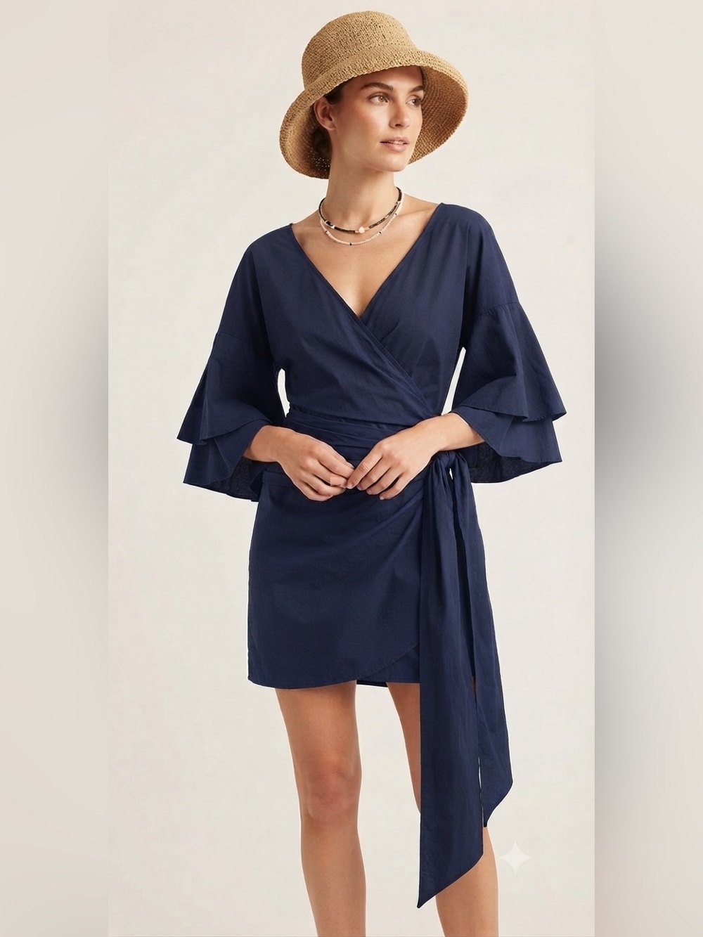 Wayf Navy Wrap Dress with Tiered Bell Sleeves